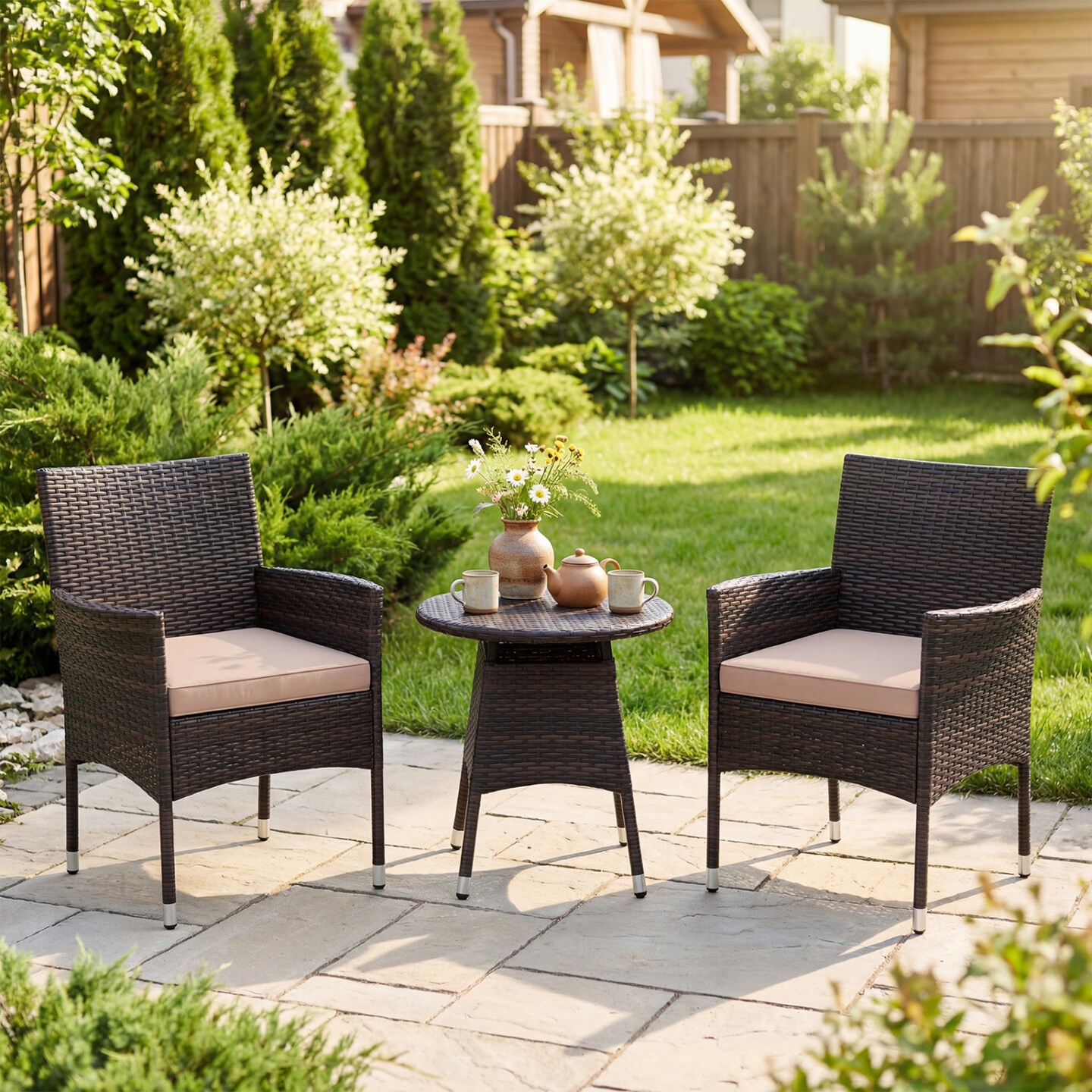 3 Piece Patio Bistro Set Outdoor Rattan Furniture Set with 2 Chairs Cushions and Round Coffee Table for Balcony Porch Garden