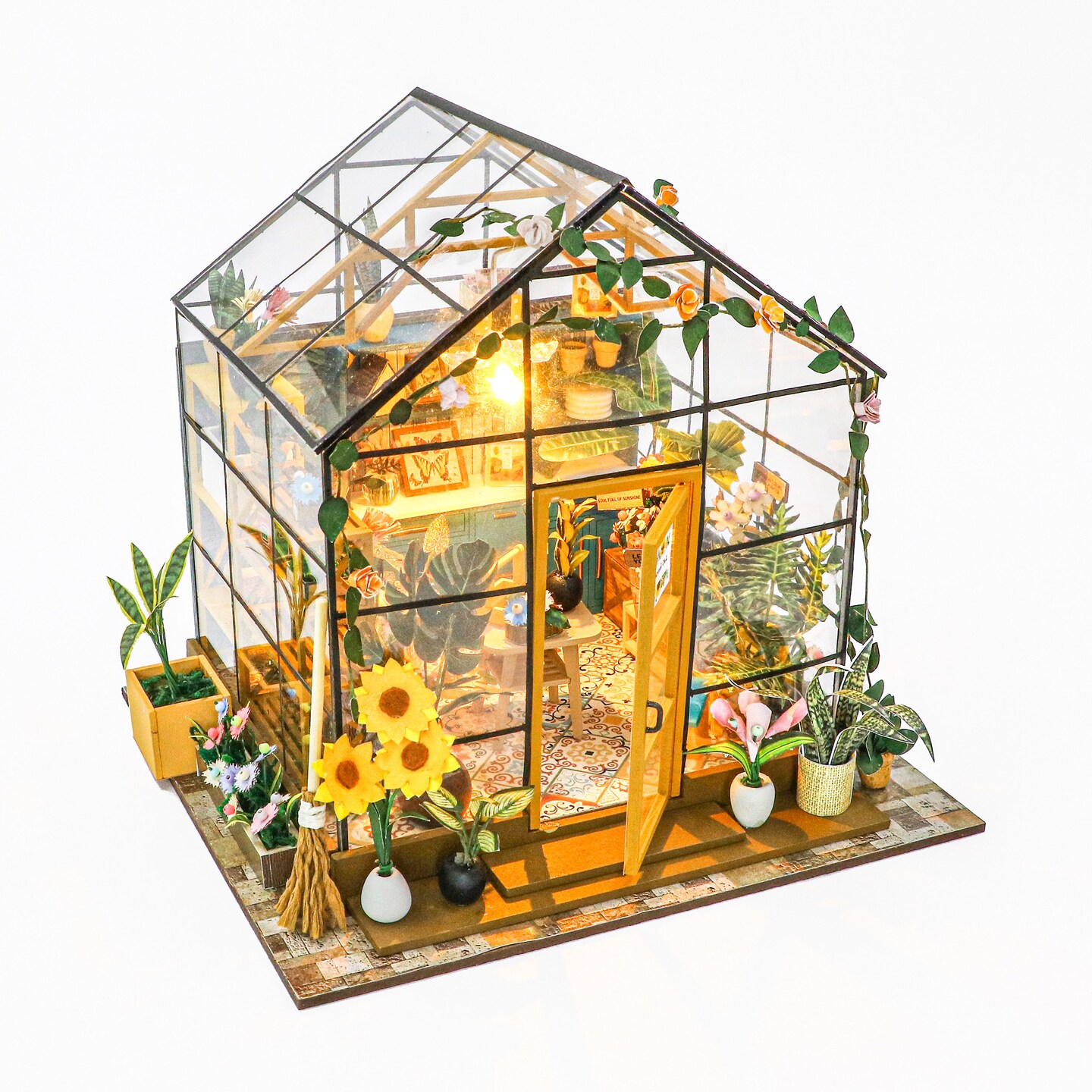 DIY Sunshine Flower House Kit with LED Light, Miniature Greenhouse