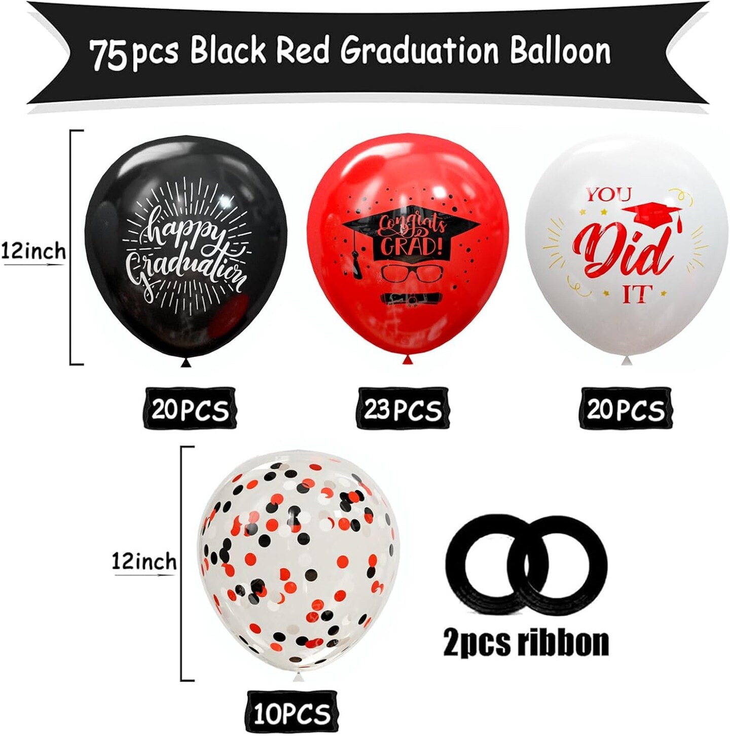 75 Pack Graduation Party Decorations Balloons Set - 12 Inch Black Red Confetti Grad Balloons with Ribbons for Graduation Party Decoration Supplies