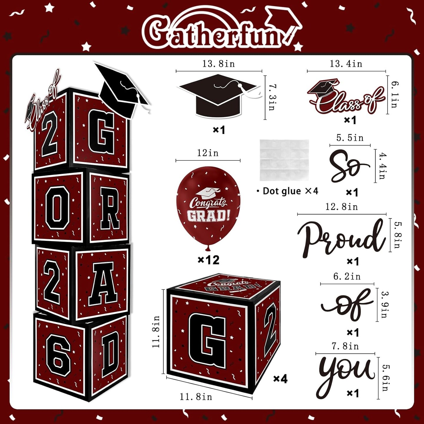 2026 Graduation Decorations Set - So Proud of You - Class of 2025 Balloon Boxes for Memorable Grad Party Supplies, Indoor/Outdoor Congrats Grad Home Door Décor Essentials( maroon and black)
