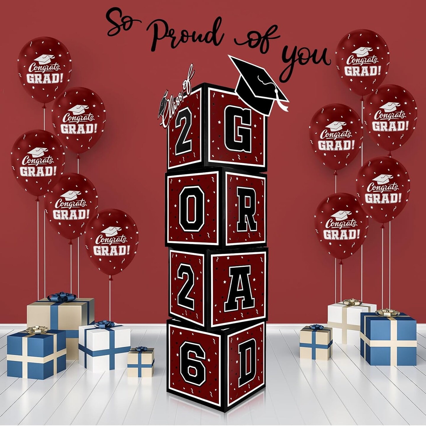 2026 Graduation Decorations Set - So Proud of You - Class of 2025 Balloon Boxes for Memorable Grad Party Supplies, Indoor/Outdoor Congrats Grad Home Door Décor Essentials( maroon and black)