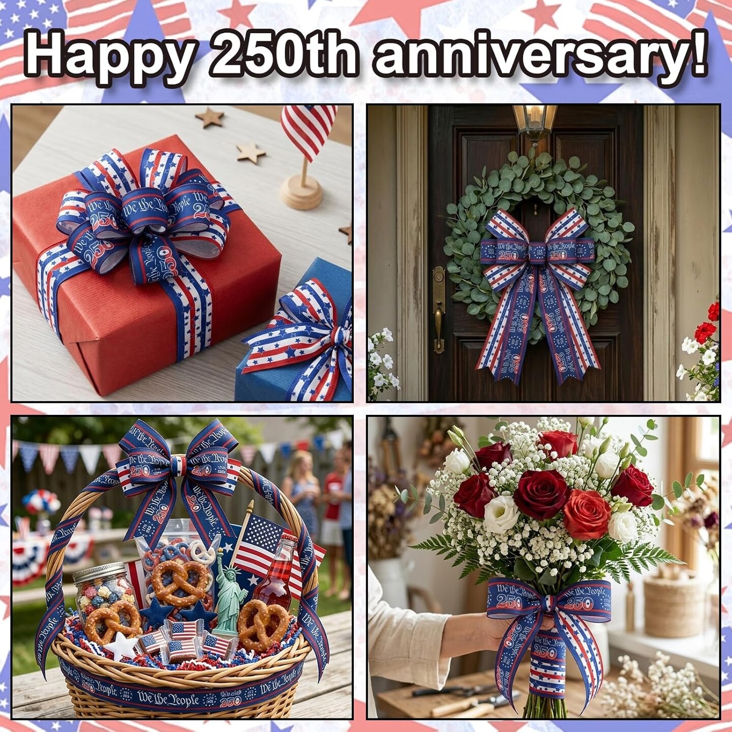 2 Rolls USA 250th Anniversary Patriotic Wired Burlap Ribbon – 2.5" x 10 Yards Red White & Blue Star Stripe Fabric Ribbon for Independence Day, Gift Wrapping, Wreaths & Party Decorations