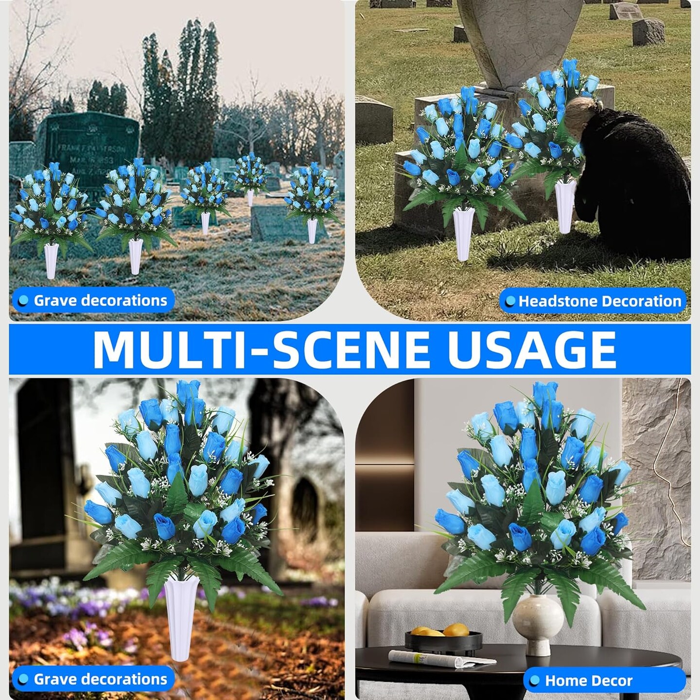 Blue Artificial Cemetery Flowers for Graveside - Set of 2 Large Rose Memorial Bouquets with Vases and Ground Spikes - 18.9" Silk Grave Decorations - Weather Resistant & Fade-Proof - Mother's Day