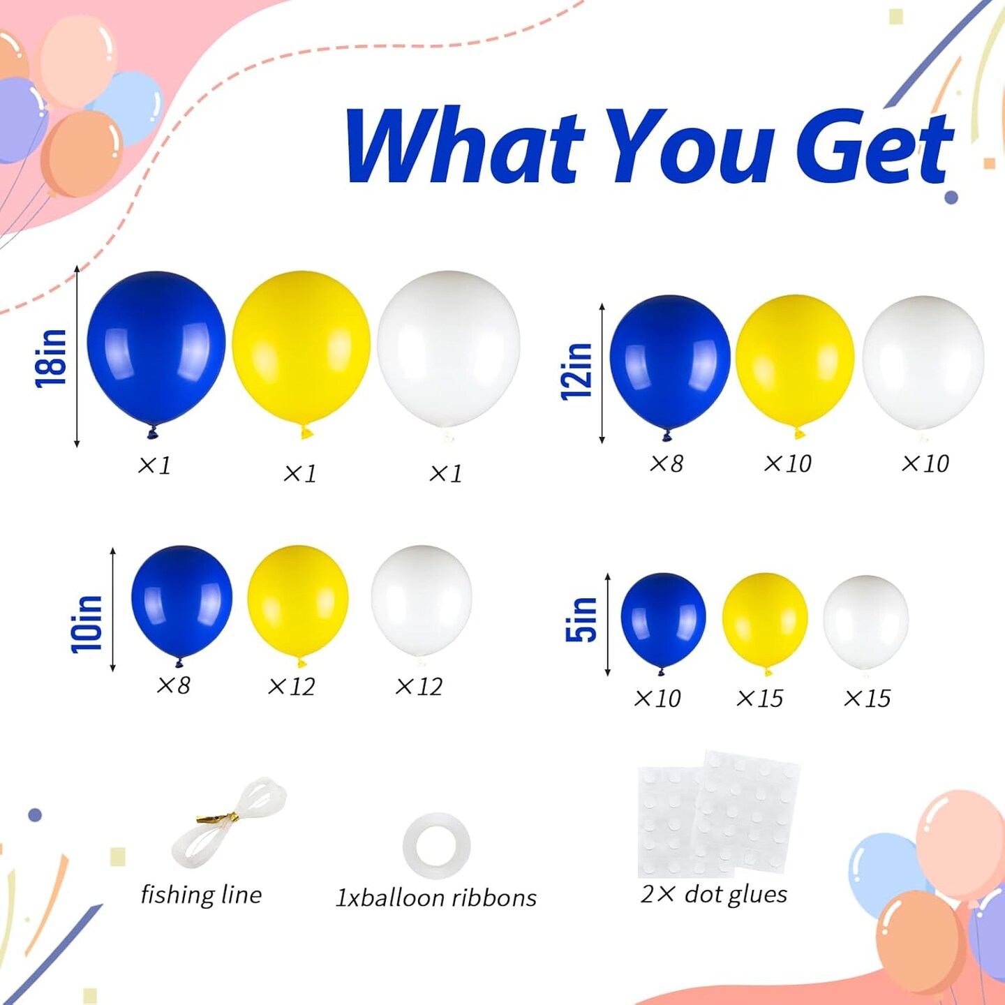 103PCS Blue Yellow Balloon Garland Arch Kit – Royal Blue, White & Yellow Balloons for Graduation 2026, Baby Shower, Birthday, Easter & Party Decorations