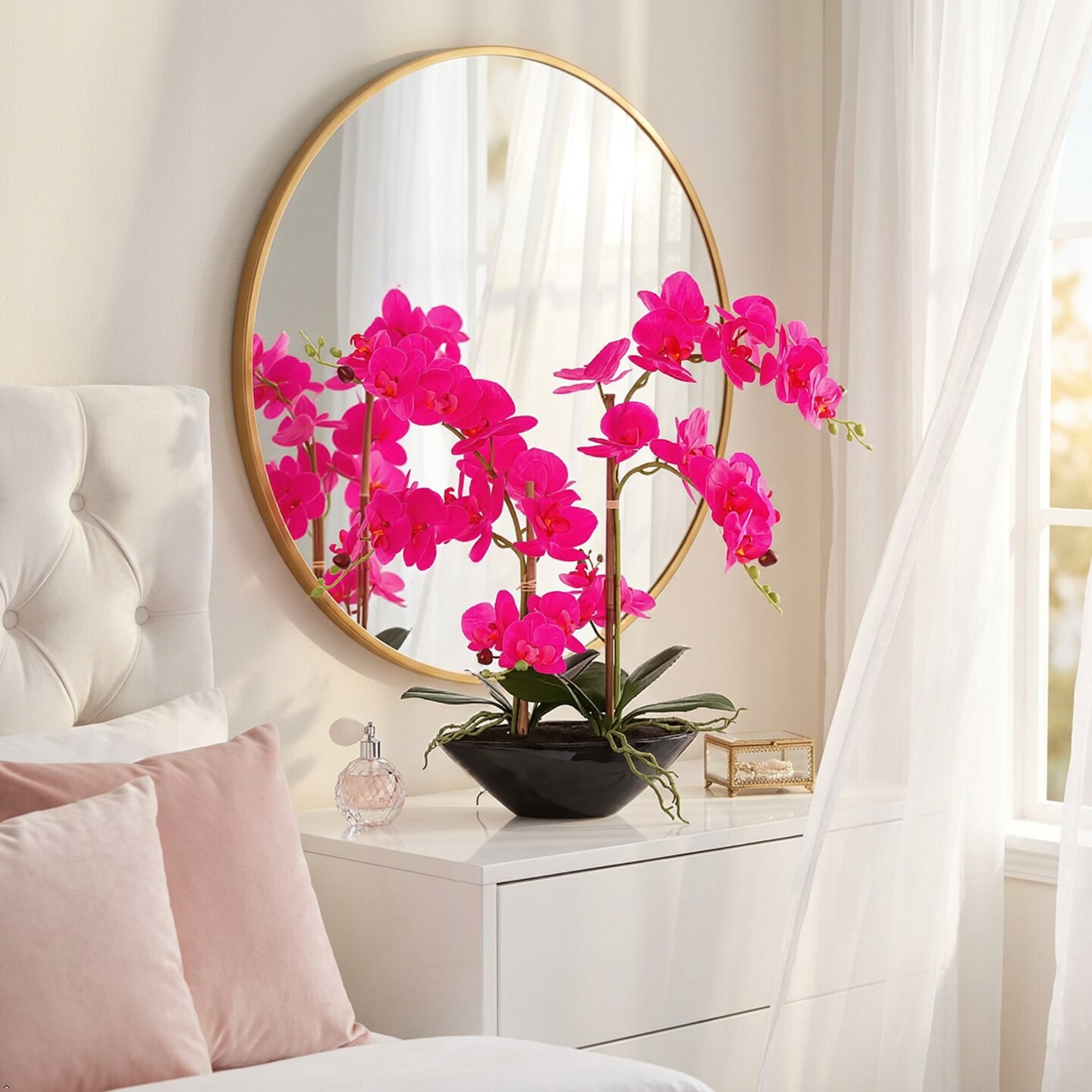 Fuchsia Phalaenopsis Orchid 20" with 6 Buds in Black Vase - Lifelike Silk Flower Arrangement for Elegant Home & Office Decor - Realistic Orchid Design, Floral Home by Artificial Flowers