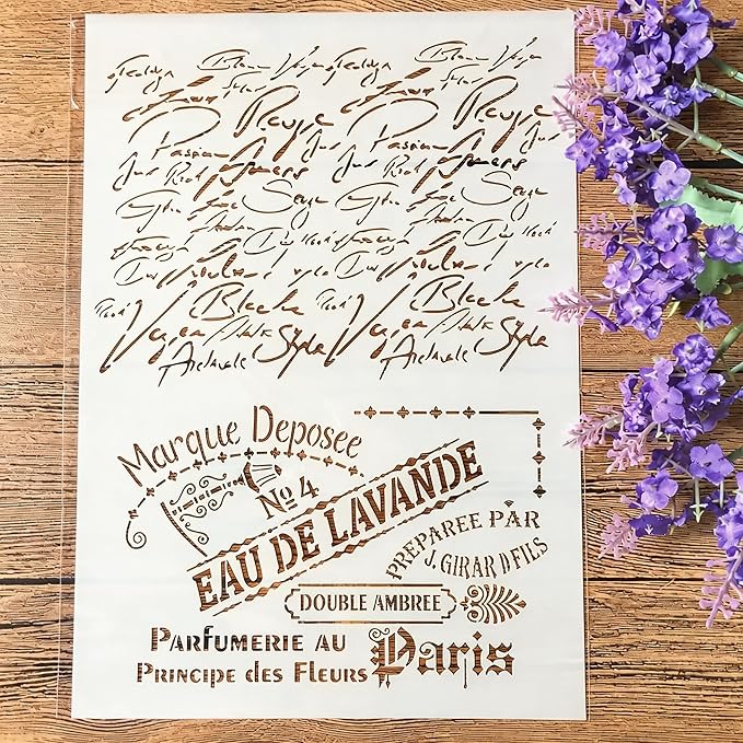 A4 Reusable French Words Stencil for Painting - Vintage Script Layering Template, DIY Wall Art, Wood Furniture, Scrapbook & Crafts (8.3x11.7inch)