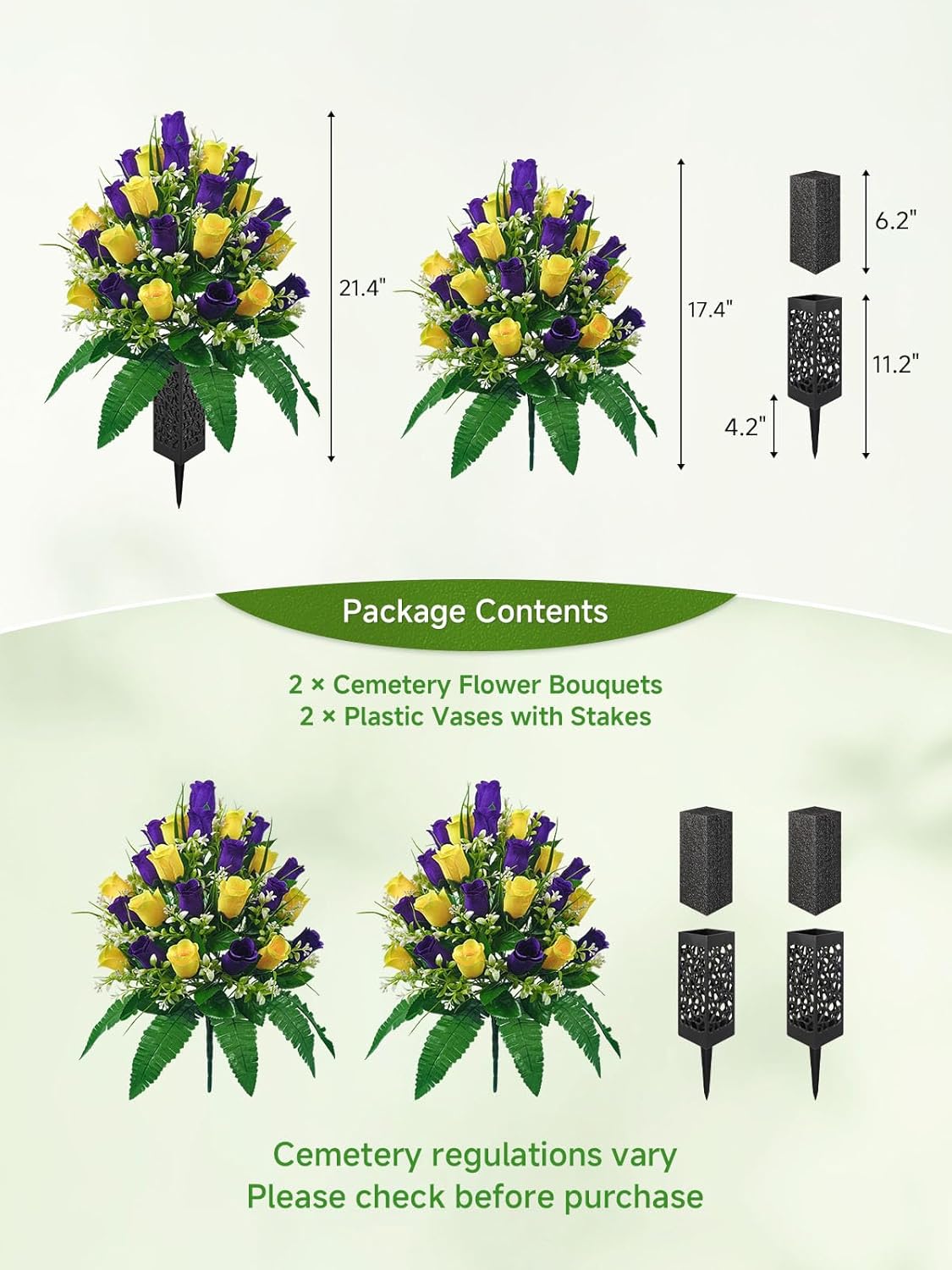 2 Pack Yellow and Purple Artificial Cemetery Flowers with Vases - 24-Stem Large Rose Memorial Bouquets for Graves - Fade-Proof and Wind-Resistant Outdoor Headstone Decorations - All-Weather Tribute