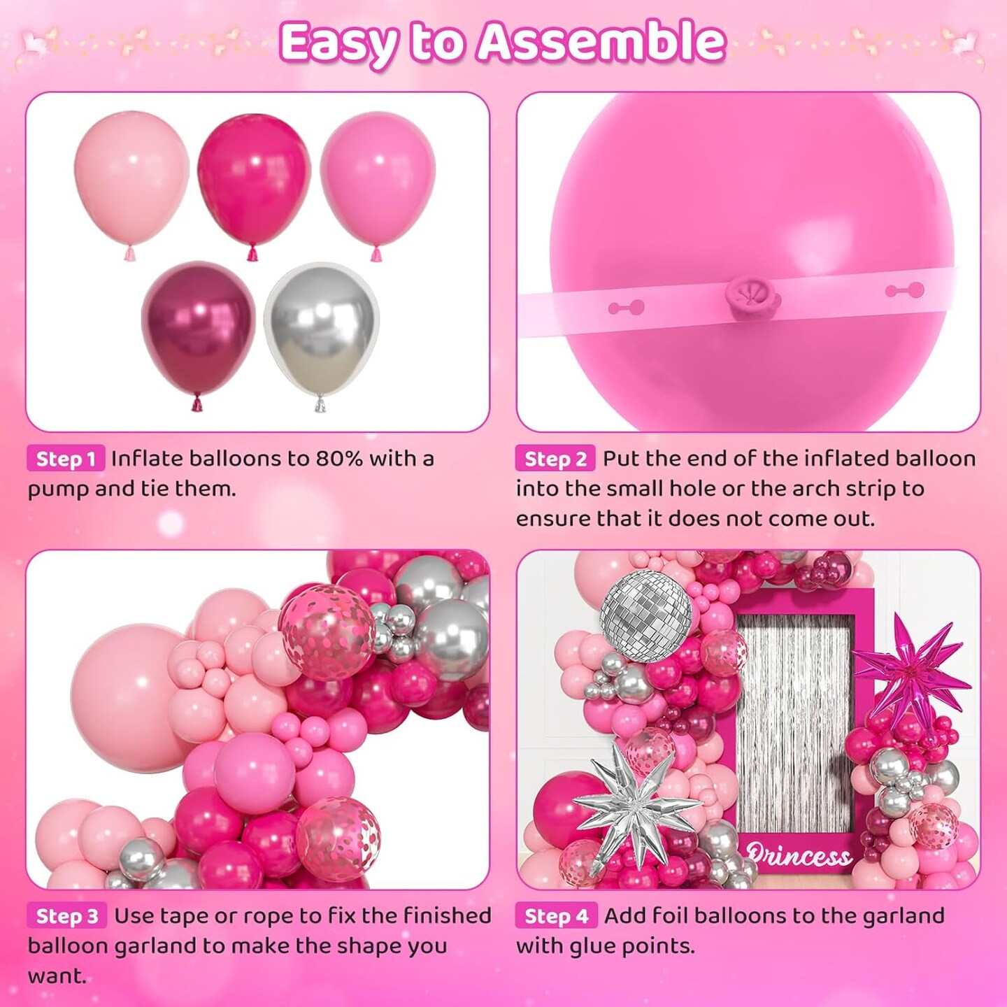 145Pcs Princess Pink and Silver Valentines Balloon Garland Arch Kit, Hot Pink Confetti 4D Star Disco Ball Crown Balloons for Girls Women Bridal Baby Shower Makeup Bachelorette Birthday Party Decors