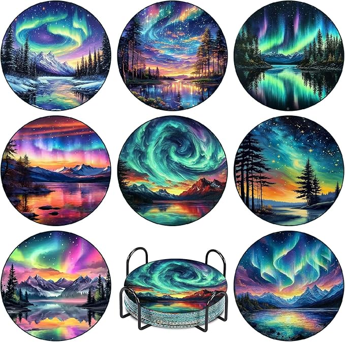 8 Pcs Aurora Diamond Art Coasters Kits with Holder, Landscape Diamond Painting Coasters Kits for Adults, DIY 5D Nature Scenery Diamond Dots Small Mini Kit Full Drill Art Craft Supplies 4X4 Inch