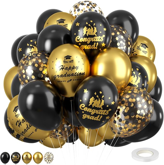 Graduation Balloons, 12 inch Black and Gold Balloons Class of 2026 Black Gold Confetti Latex Balloons with Ribbons for University College High School Grad 2026 Graduation Party Supplies