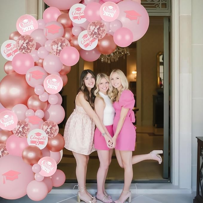 Graduation Balloon Arch Kit 2026 Pink, 18" 10" 5" Pink Rose Gold Balloons with Class of 2026 Banner for Congrats Grad Decorations College High School Graduation Party Decorations