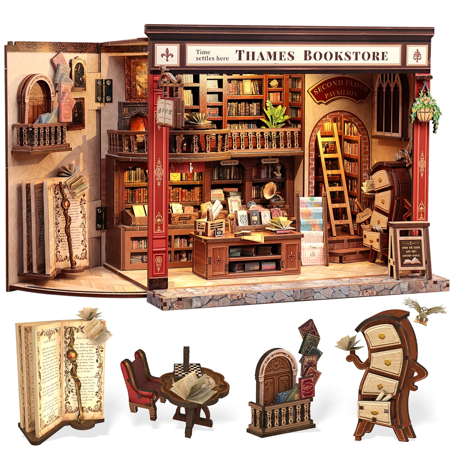 CUTEBEE Book Nook Kit Thames Bookstore DIY Miniature House Shelf Insert Diorama
