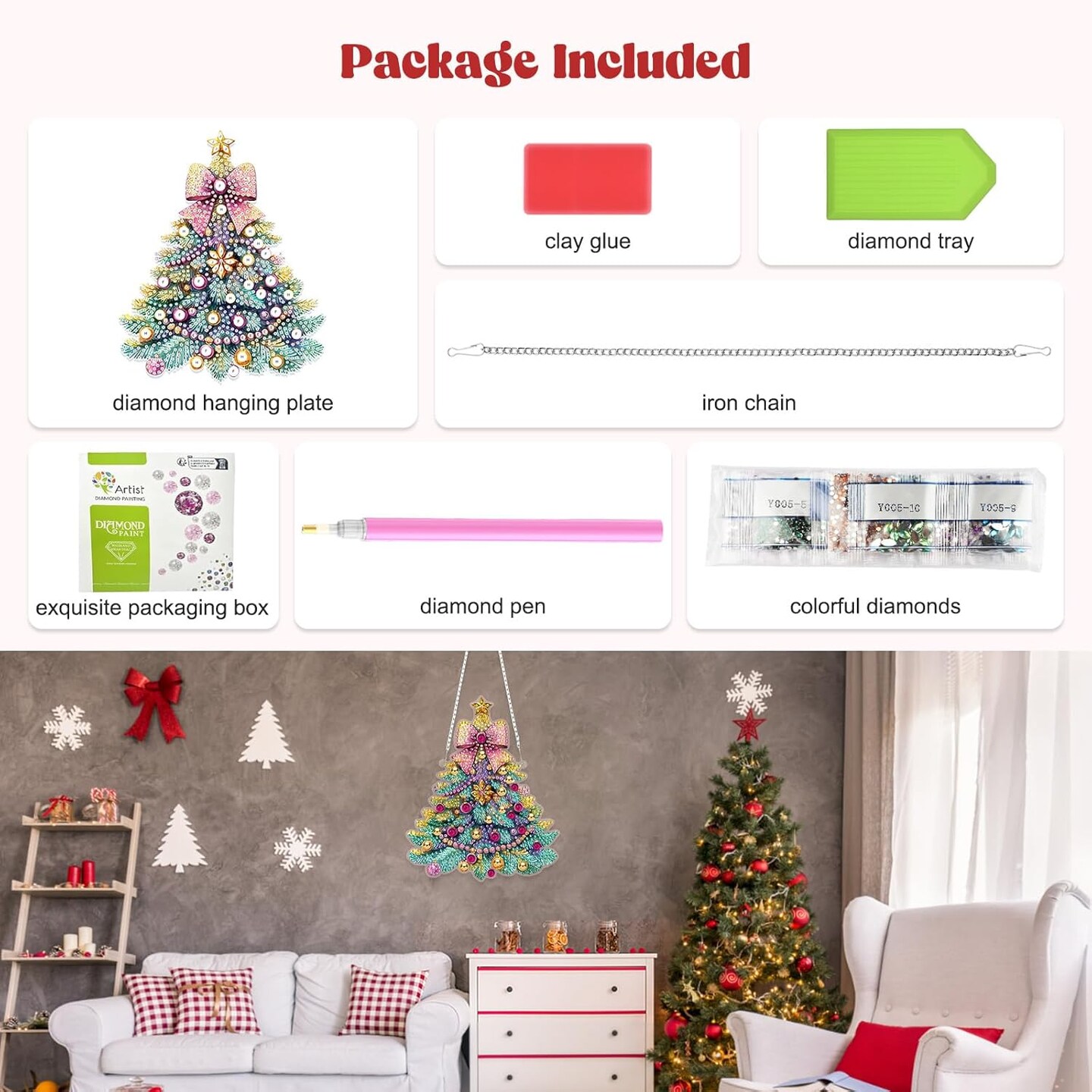 Christmas Tree Hanging Diamond Art Kit for Adults – DIY Special Shaped Crystal Gem Diamond Painting Pendant Ornament with Acrylic Hanging Decor for Home, Garden, Window & Wall