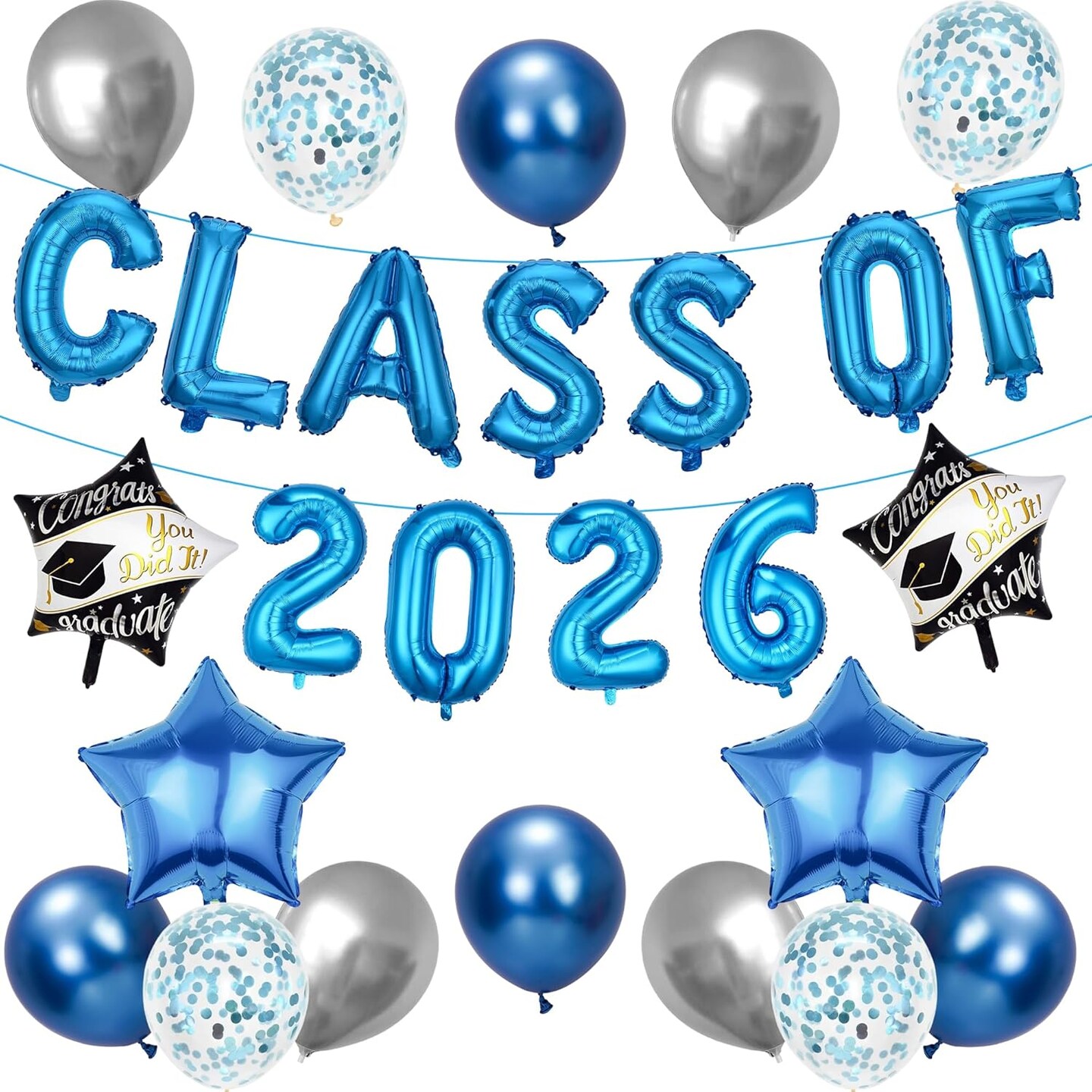 Graduation Party Decorations 2026 Balloons - 27 Pcs Blue Class Of 2026 Banners Foil Graduation Cap Star Balloons Latex Balloon Set For High School College Graduation Party Decor Supplies