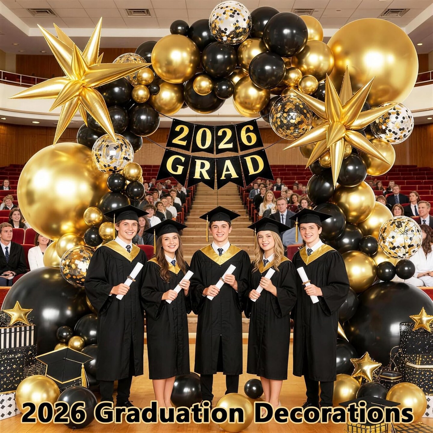 137Pcs Black and Gold Balloon Arch Kit - 2026 Graduation Decorations with Explosion Star & Confetti Balloons - Class of 2026 Party Garland for College, High School & Prom Send Off