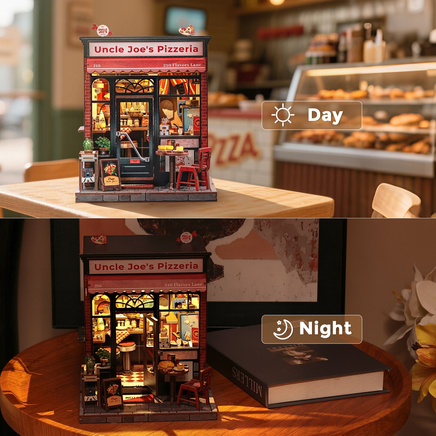 CUTEBEE Book Nook Kit Uncle Joe's Pizzeria DIY Miniature House Shelf Insert Diorama