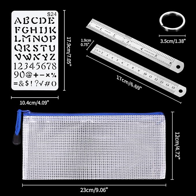 48 Pieces Journal Planner Stencils Plastic Bullet Stencil with A6 File Bag, Steel Ruler and 2 pcs Metal Key Rings for Notebook, Diary, Scrapbook and DIY Drawing Template, Total 52 Pieces