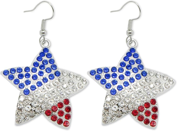 4E's Novelty 4th of July Earrings for Women Patriotic Red White and Blue Crystal Dangle Drop, Zinc Alloy Star Earrings