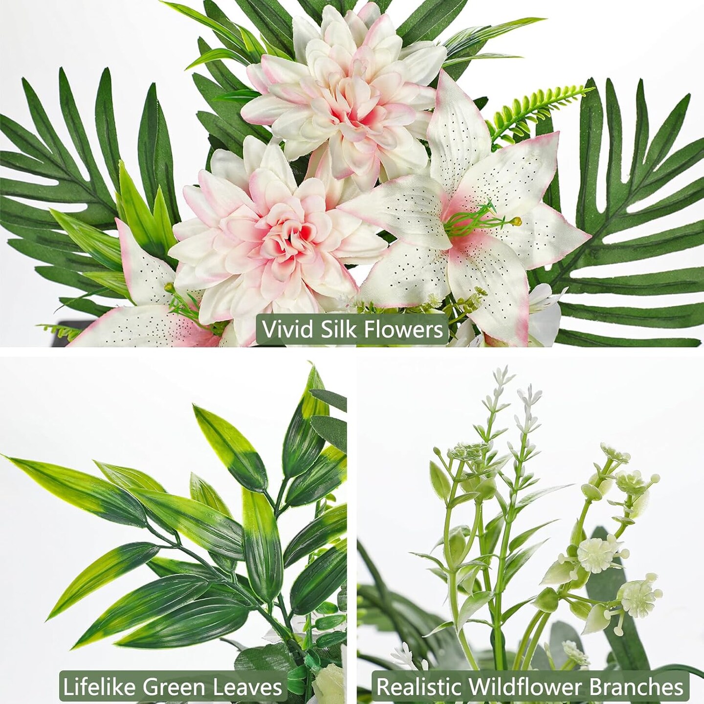 Artificial Cemetery Flowers in Weighted Pot - 18.8" Silk Pink & White Lily and Dahlia Arrangement - Weather Resistant Potted Funeral Flowers for Grave, Headstone & Outdoor Memorial