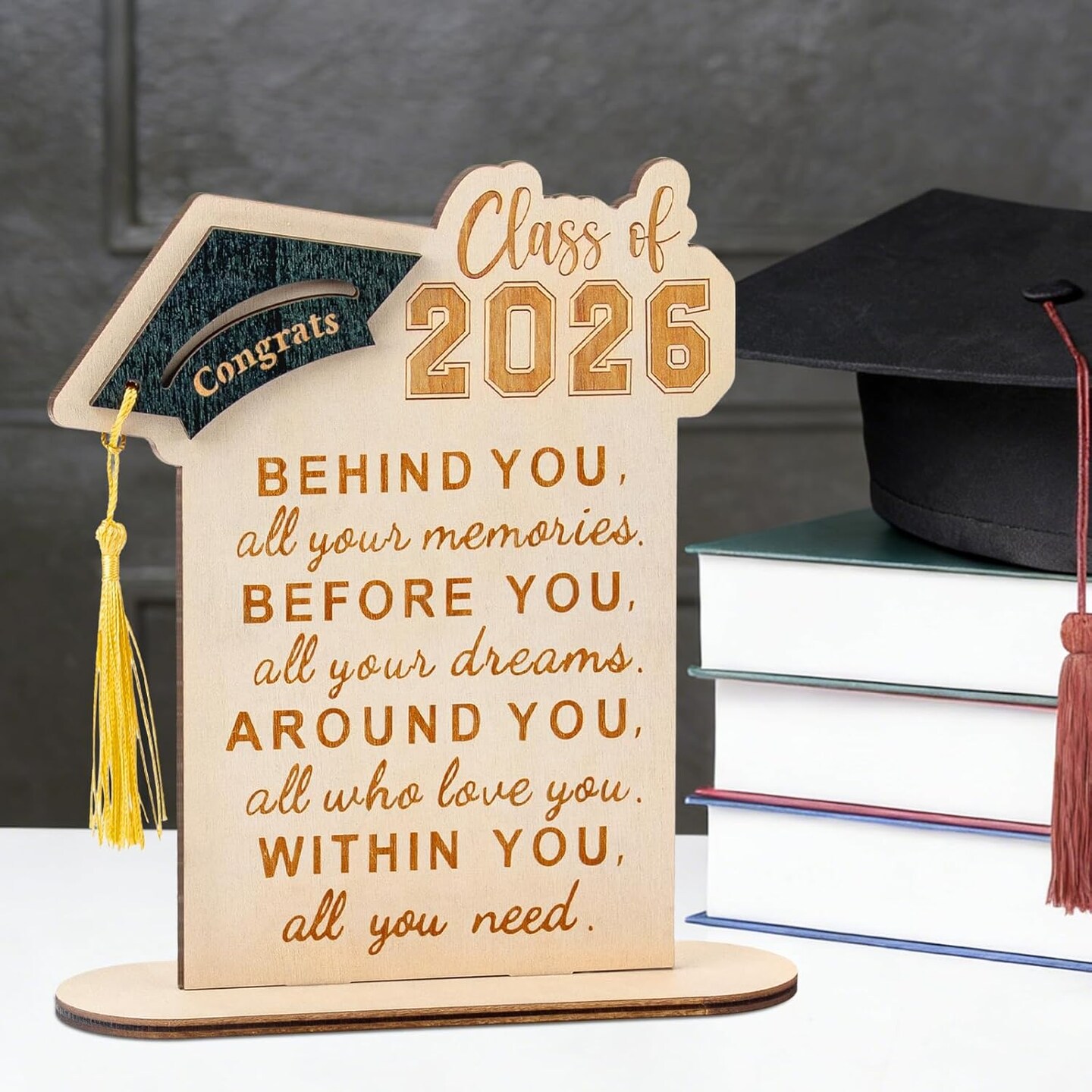 Graduation Decorations, Graduation Gifts for Class of 2026, Graduation Quote Wood Sign Desk Decor, Positive Behind You All Your Memories Wood Plaque with Stand Desk Decoration Grad Gift