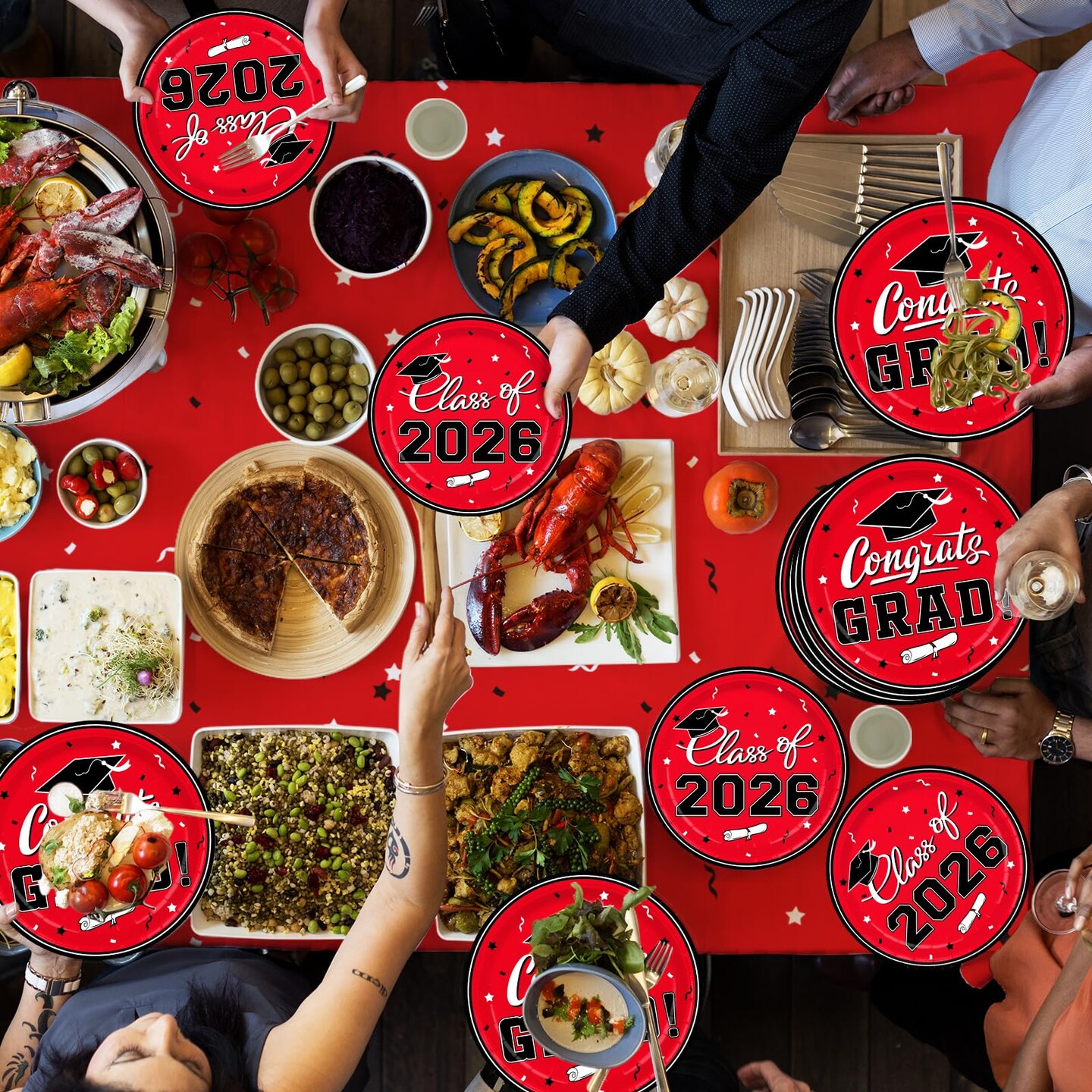 Graduation Decorations class of 2026 Gatherfun Congrats Grad Party Dinnerware Set Red Disposable Paper Plates Napkins Cups Tablecloth Banner for Graduation Decorations 2026 deals, Serve 25