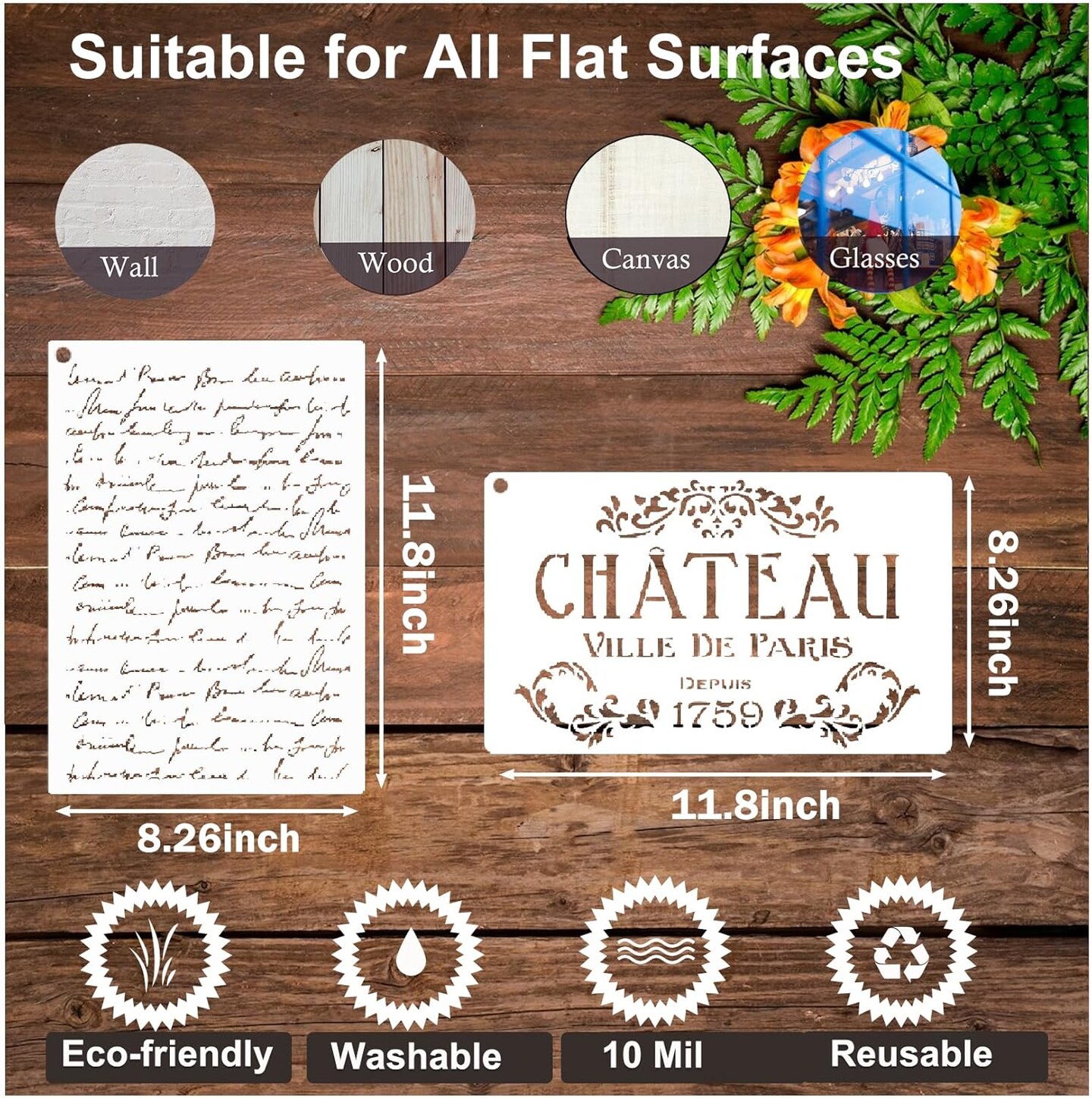 Script Stencils Reusable French Writing Stencils for Painting on Wood Furniture DIY Crafts Canvas Paper Fabric Wall Home Decoration (6pcs Script)