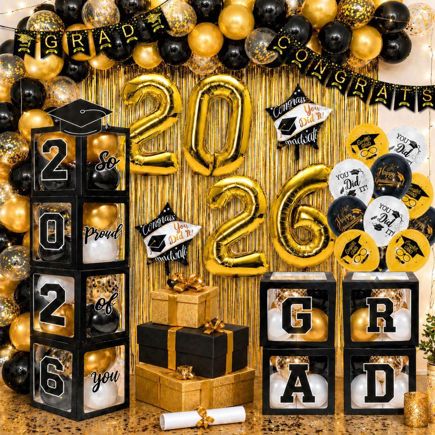 Graduation Party Decoration Class of 2026, 89PCS Black and Gold Graduation Decorations-Balloons Boxes with Letters, Foil Fringe Curtain Backdrop, Complete Graduation Party Supplies for Any Grades
