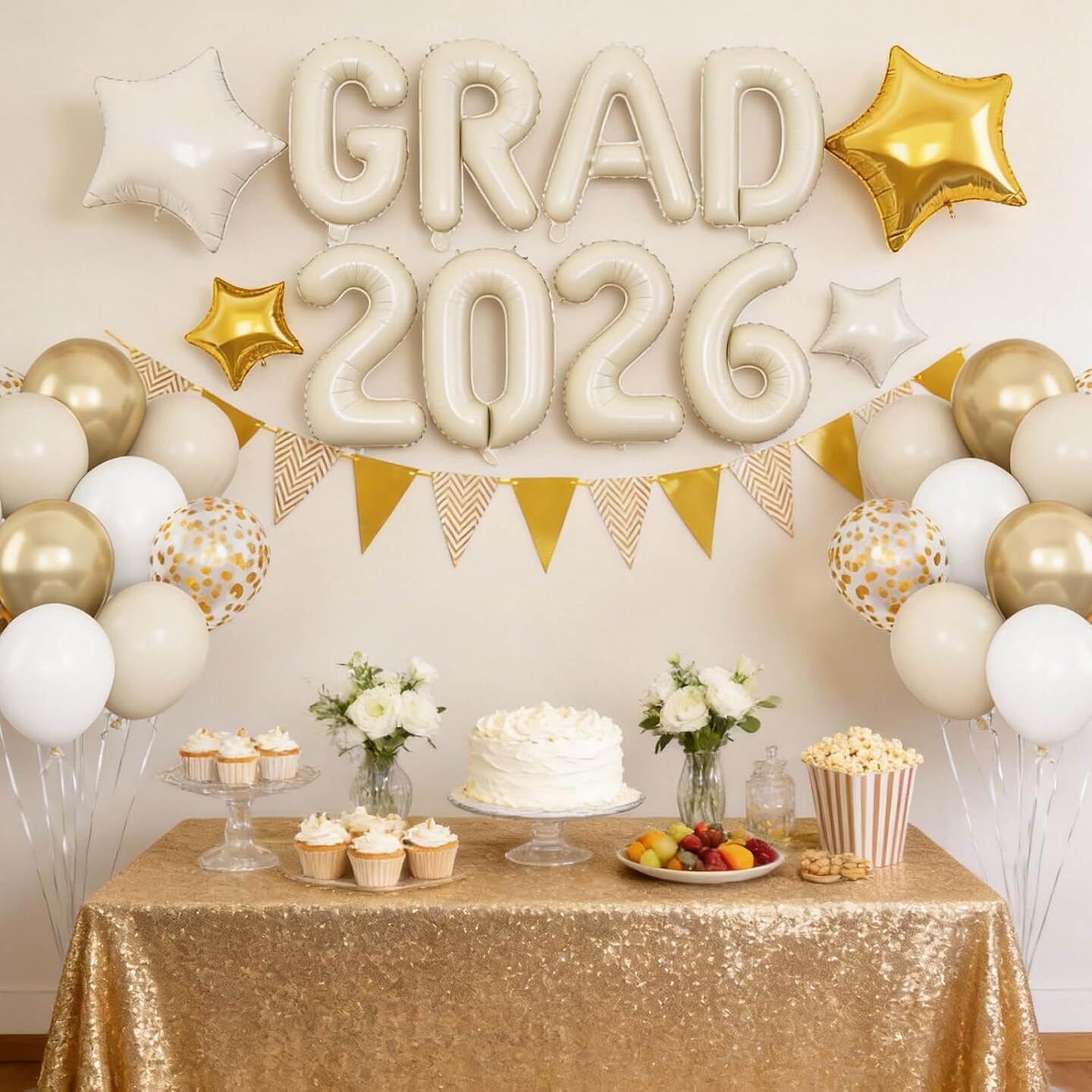 Graduation Decorations 2026 White Gold, GRAD 2026 Foil Balloons Banner with Nude White Gold Confetti Balloon Star Balloon Pennant Banner for Class of 2026 Graduation High School College Party Supplies