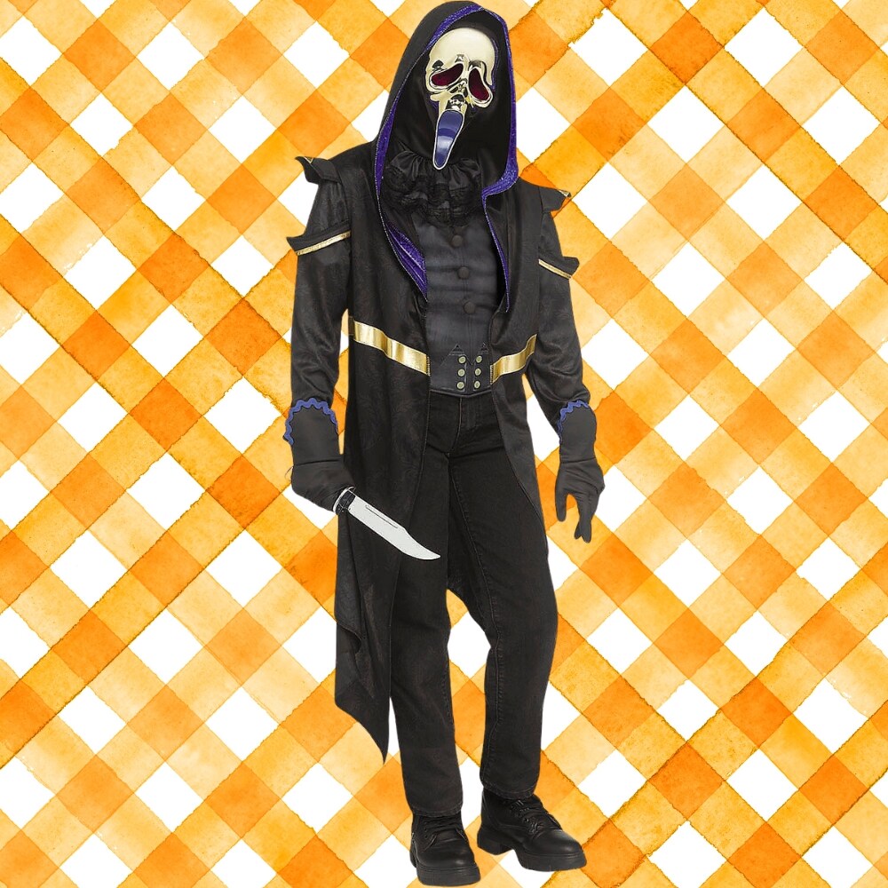 Adults Masquerade Ghost Costume with Hooded Coat and Gold Mask