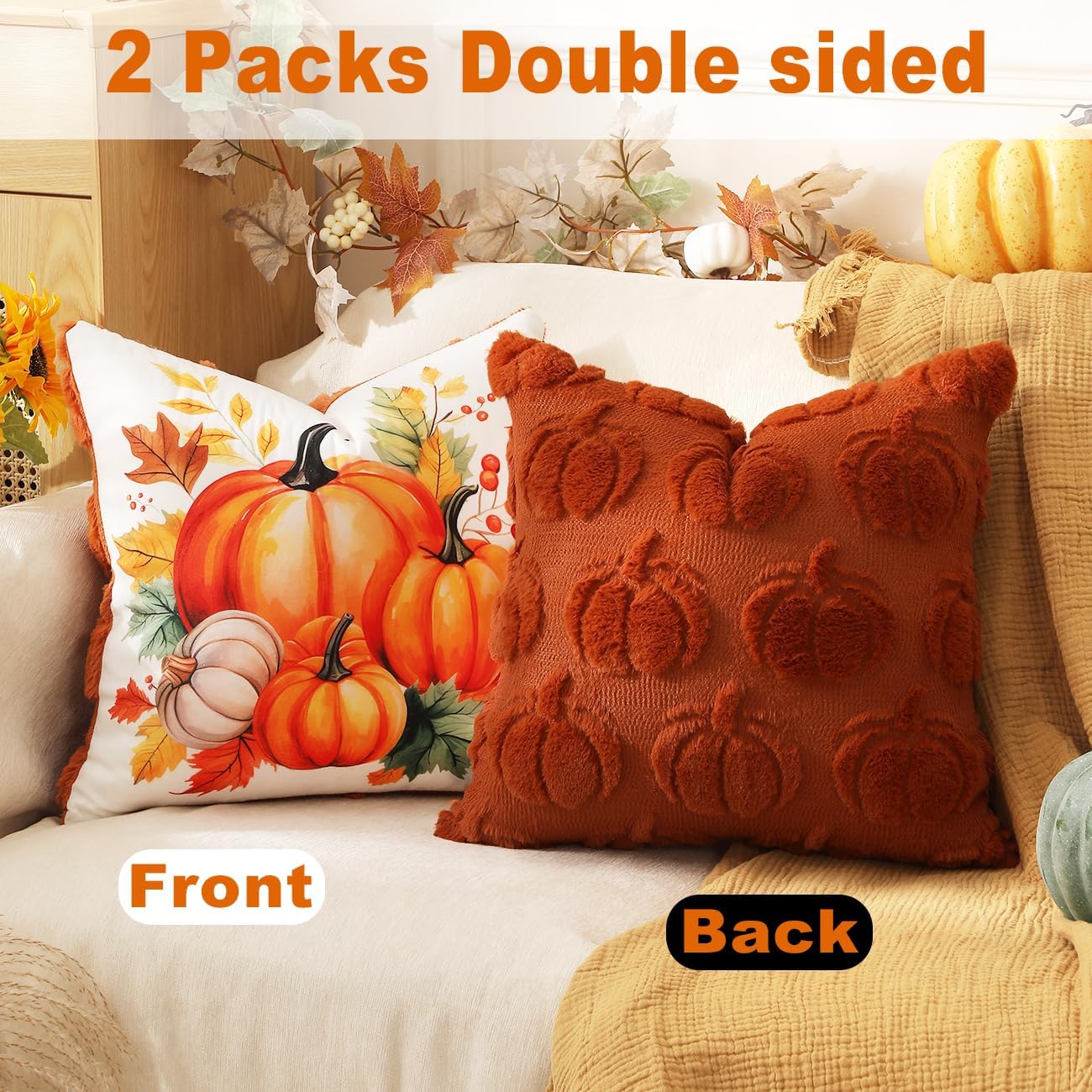 2 Packs Double Sided Throw Fall Pillow Covers - 18x18 (Pumpkins)
