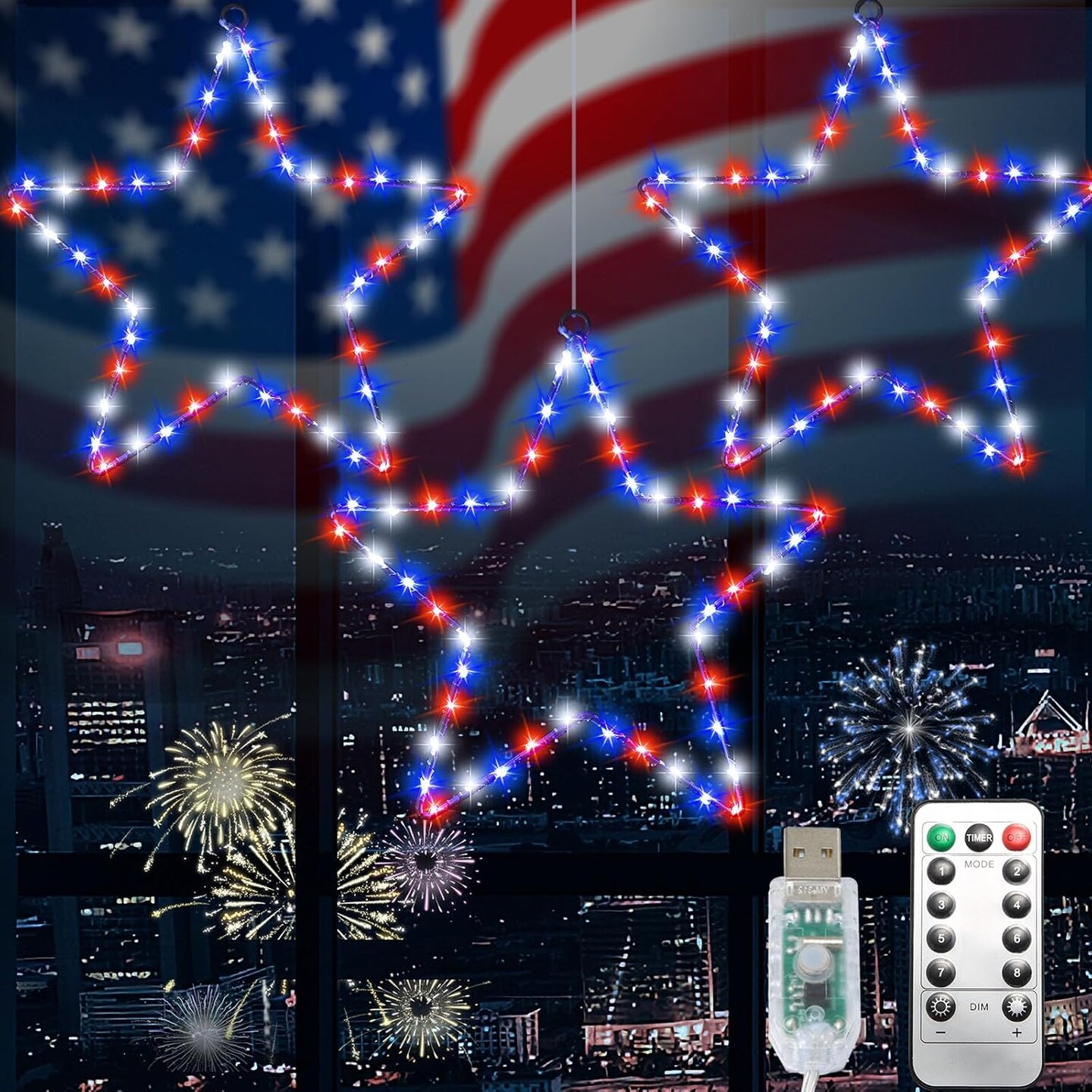 Red White and Blue Lights, 3Pack 4th of July Decorations Iron Framed Hanging Patriotic Star Light