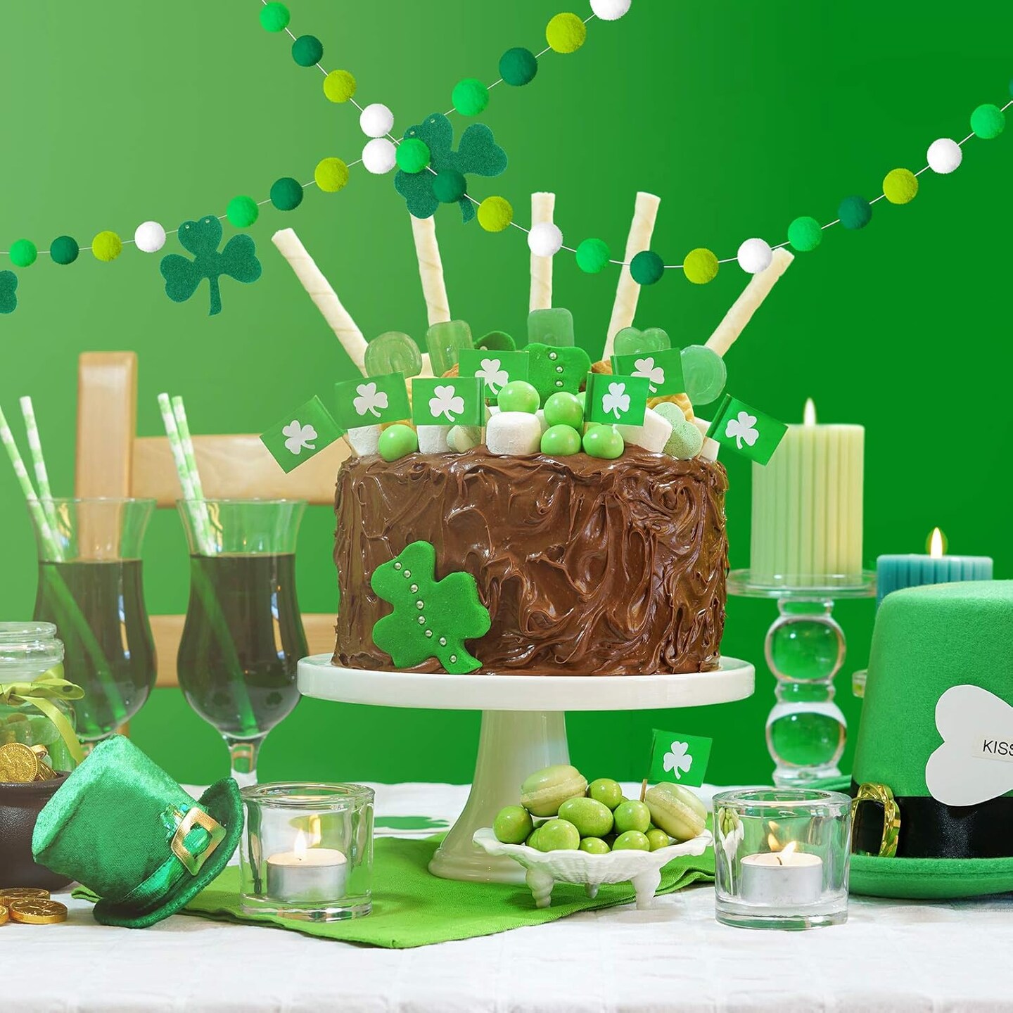 3 Pieces Pom Pom Garlands St. Patrick's Day Felt Shamrock Clover Irish Wall Hanging