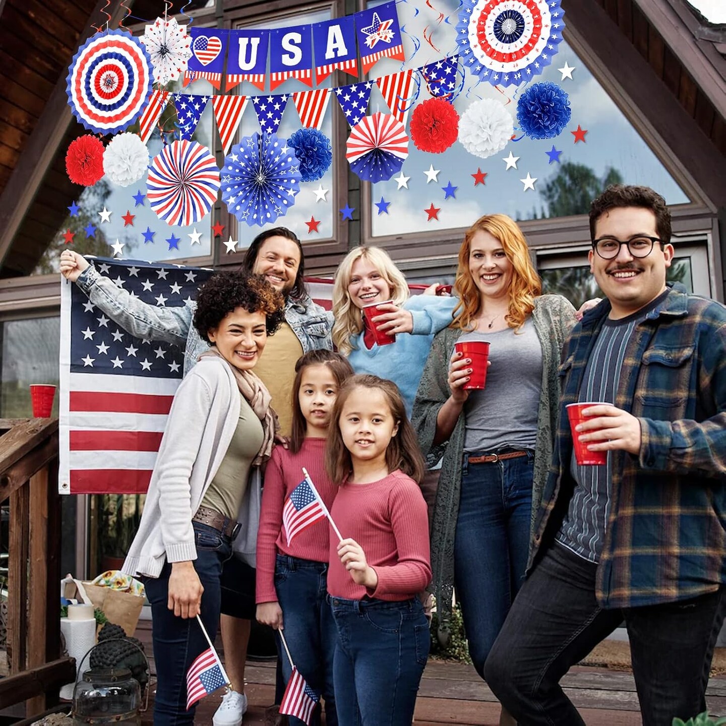 27 Pieces 4th of July Decorations Set, Red White Blue American Flag Hanging Honeycomb Paper Fans, Pom Poms, Swirls, Love USA Banner