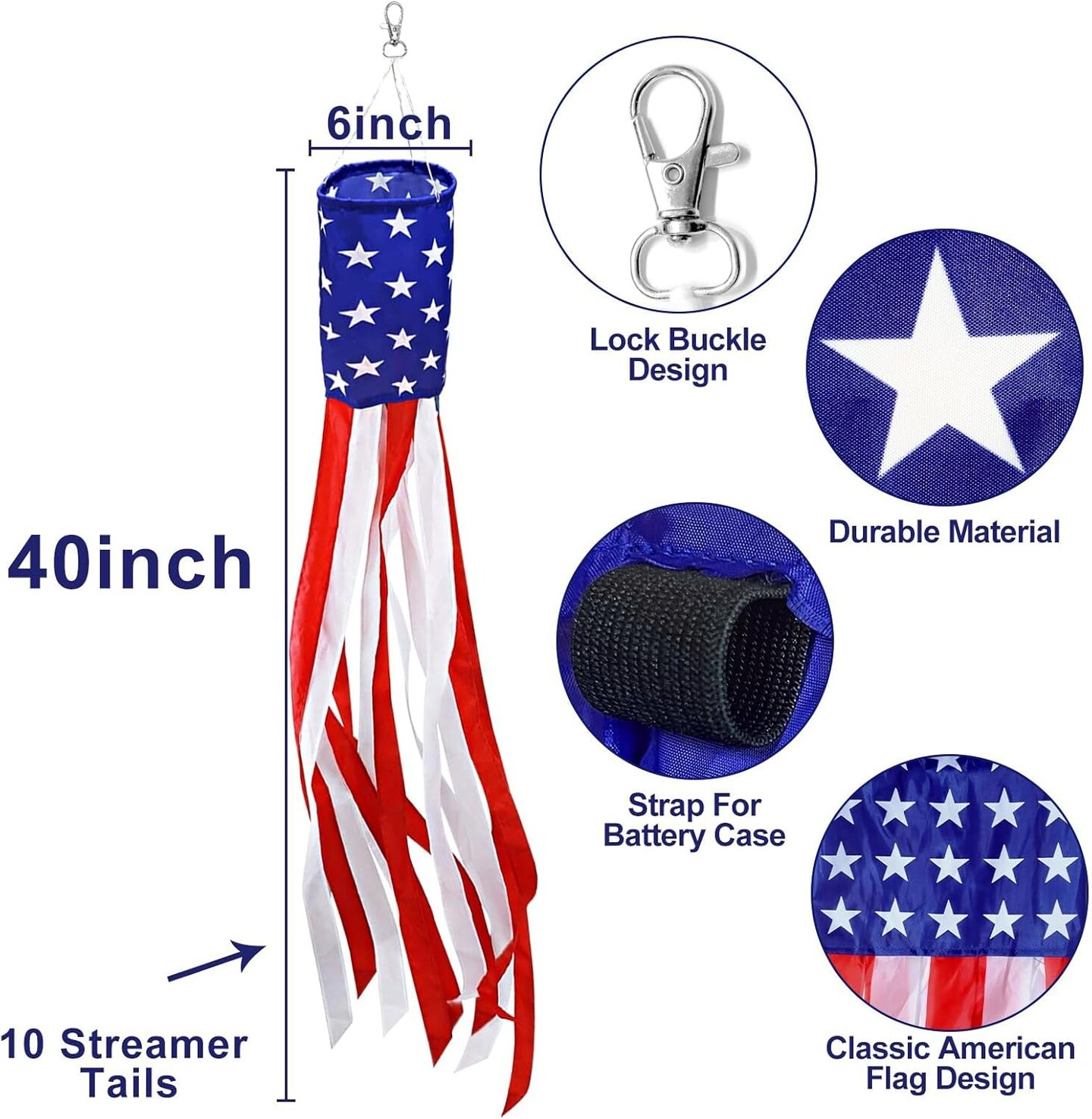 4th of July Decorations, 2 Pack 40 Inch American Flag Windsock with Lights Red White Blue Star Stripes Patriotic Windsock