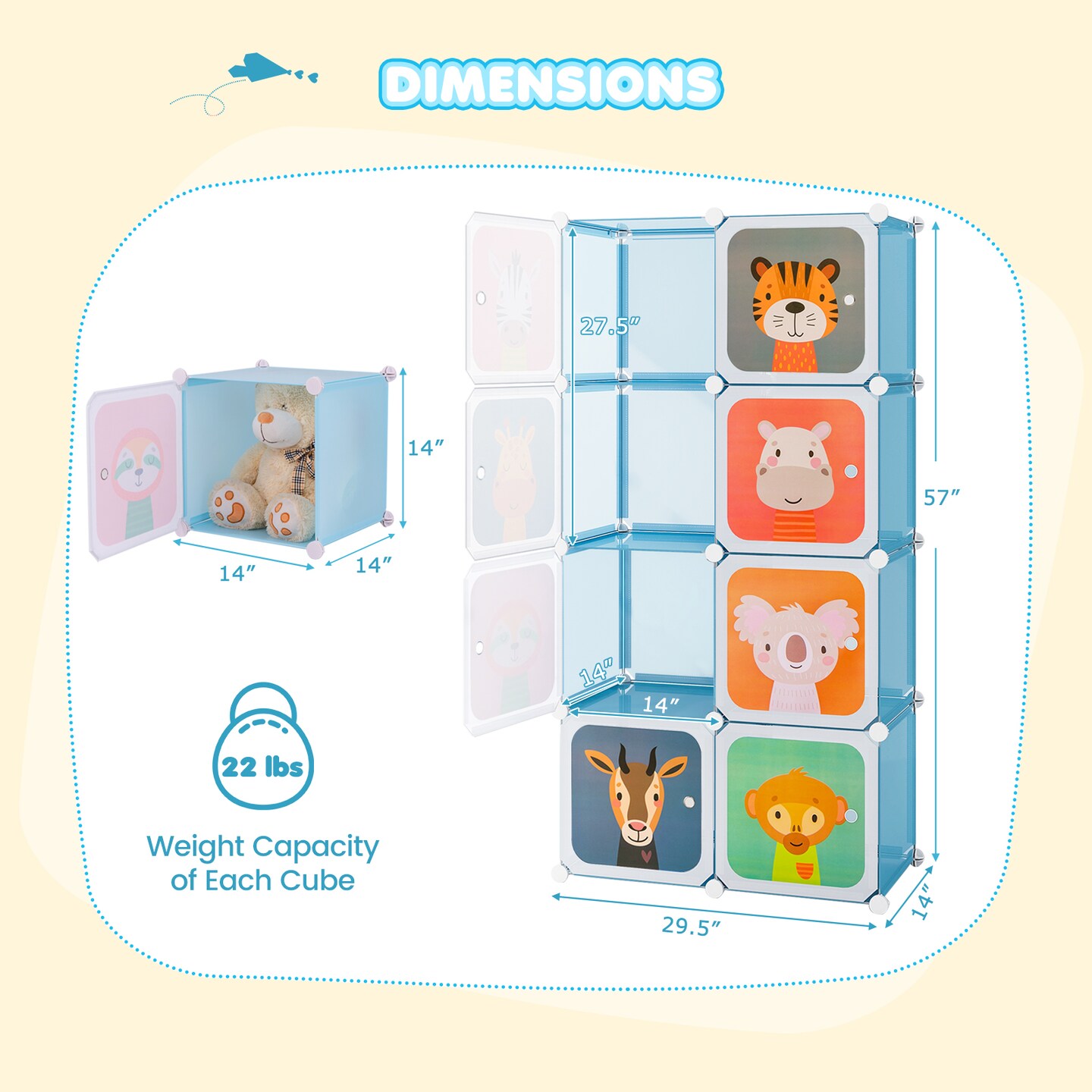 Kids Storage Cubes with Hanging Rod 6-Cube Organizer with Animal Doors for Toys and Clothes