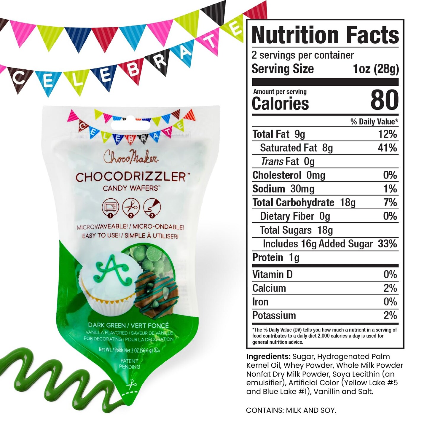 Chocodrizzler Candy Wafers Microwaveable Pouch 2 oz – Easy Drizzle Candy Coating Green