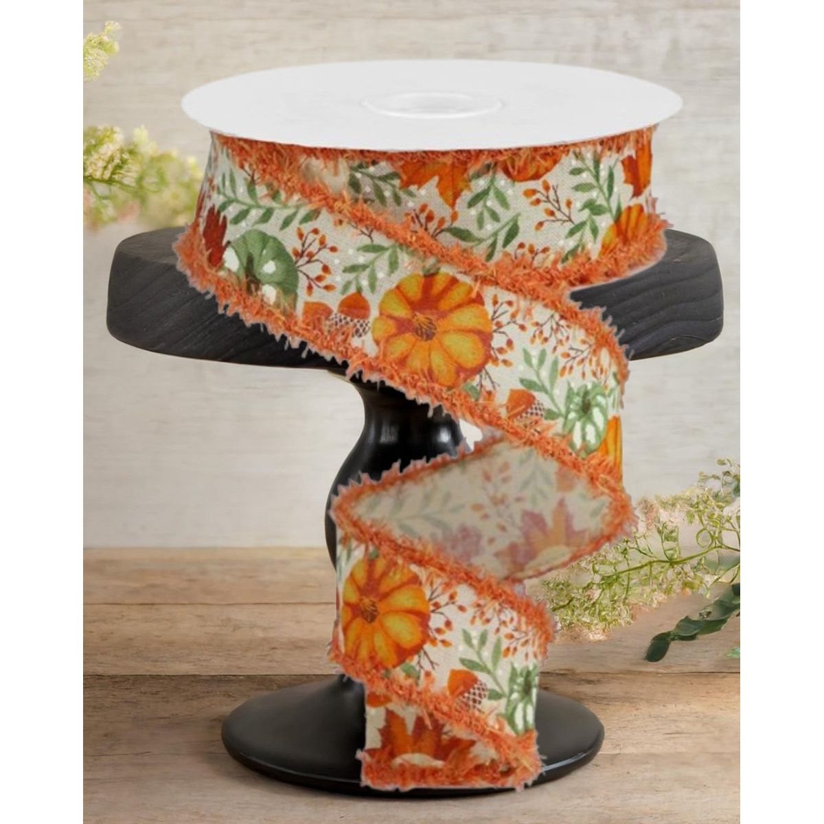 1.5&#x22; Pumpkin Foliage Drift Ribbon: Cream (10 Yards)