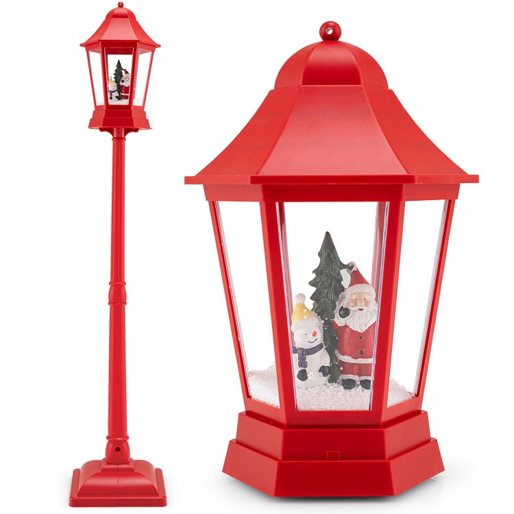 Red LED Christmas Street Lamp with Snow Globe Lantern and Santa Snowman Scene, Music