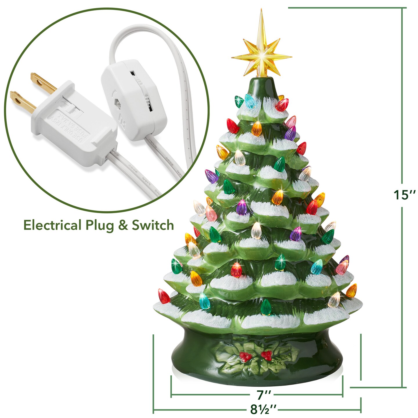 Casafield Hand Painted Ceramic Christmas Tree, Green Snow Flocked 15-Inch Pre-Lit Tree with 128 Multi-color Lights and 2 Star Toppers