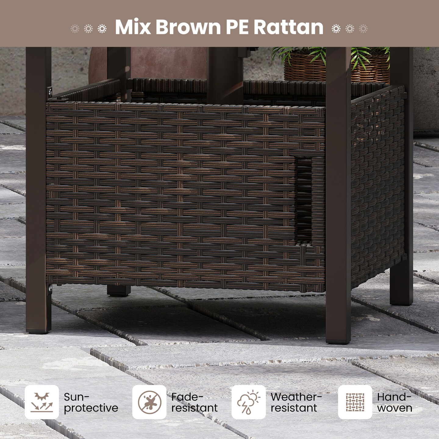 Outdoor Side Table with 1.93" Umbrella Hole All-Weather PE Wicker Patio Umbrella Table-Brown