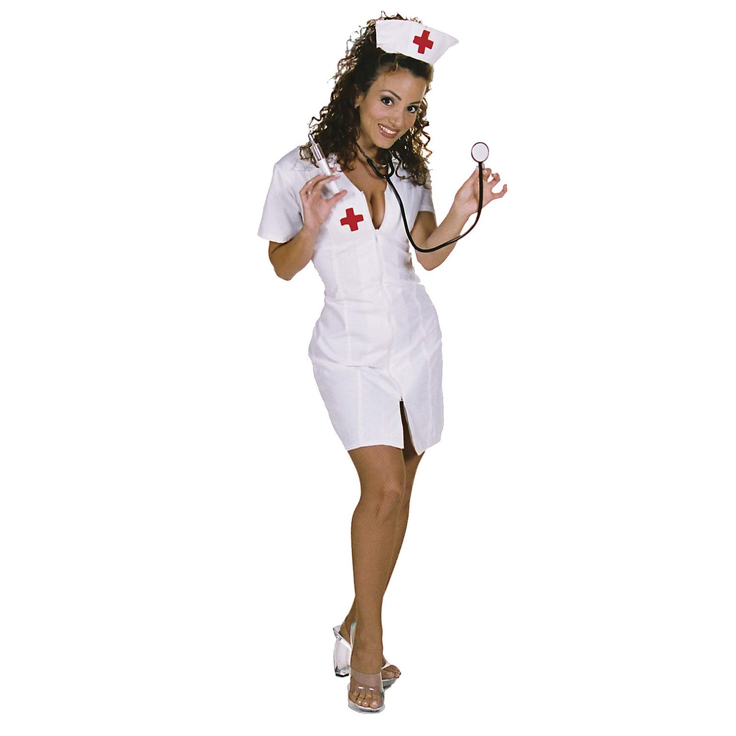 Womens Nurse Costume with Low Cut Zipper Front Form Fitting Dress and Hat