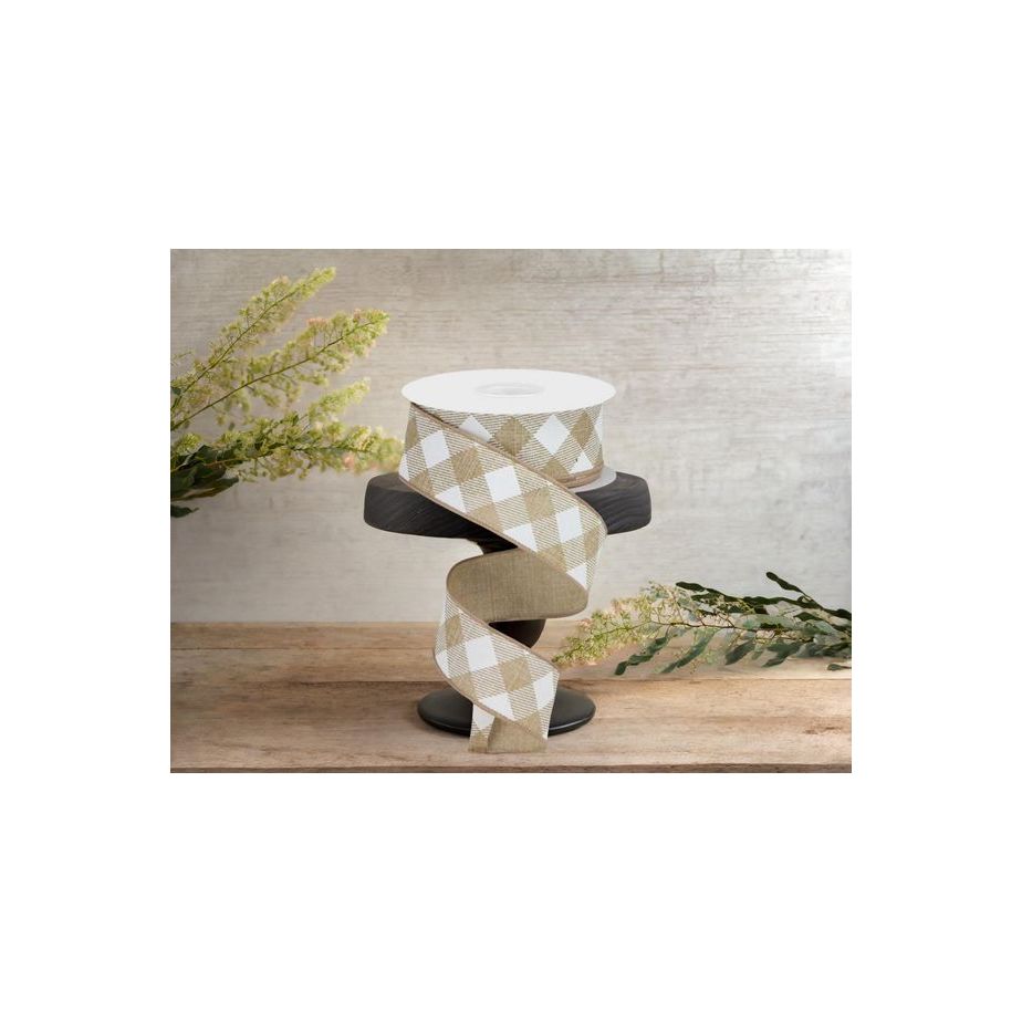 1.5&#x22; Diagonal Check On Royal Ribbon: Tan &#x26; White (10 Yards)