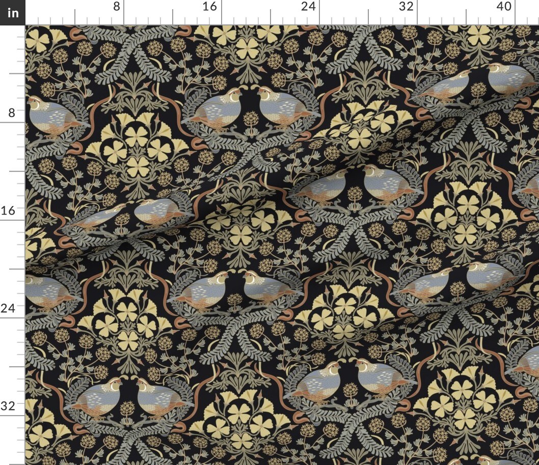 Botanical Autumnal Vintage Game Bird Buckwheat Fauna Poppy Floral California Quail Earth Tone Birds Poppies Traditional Classic Fall Autumn Art Custom Printed Fabric by Spoonflower Various Fabrics by the Yard or Fat Quarter