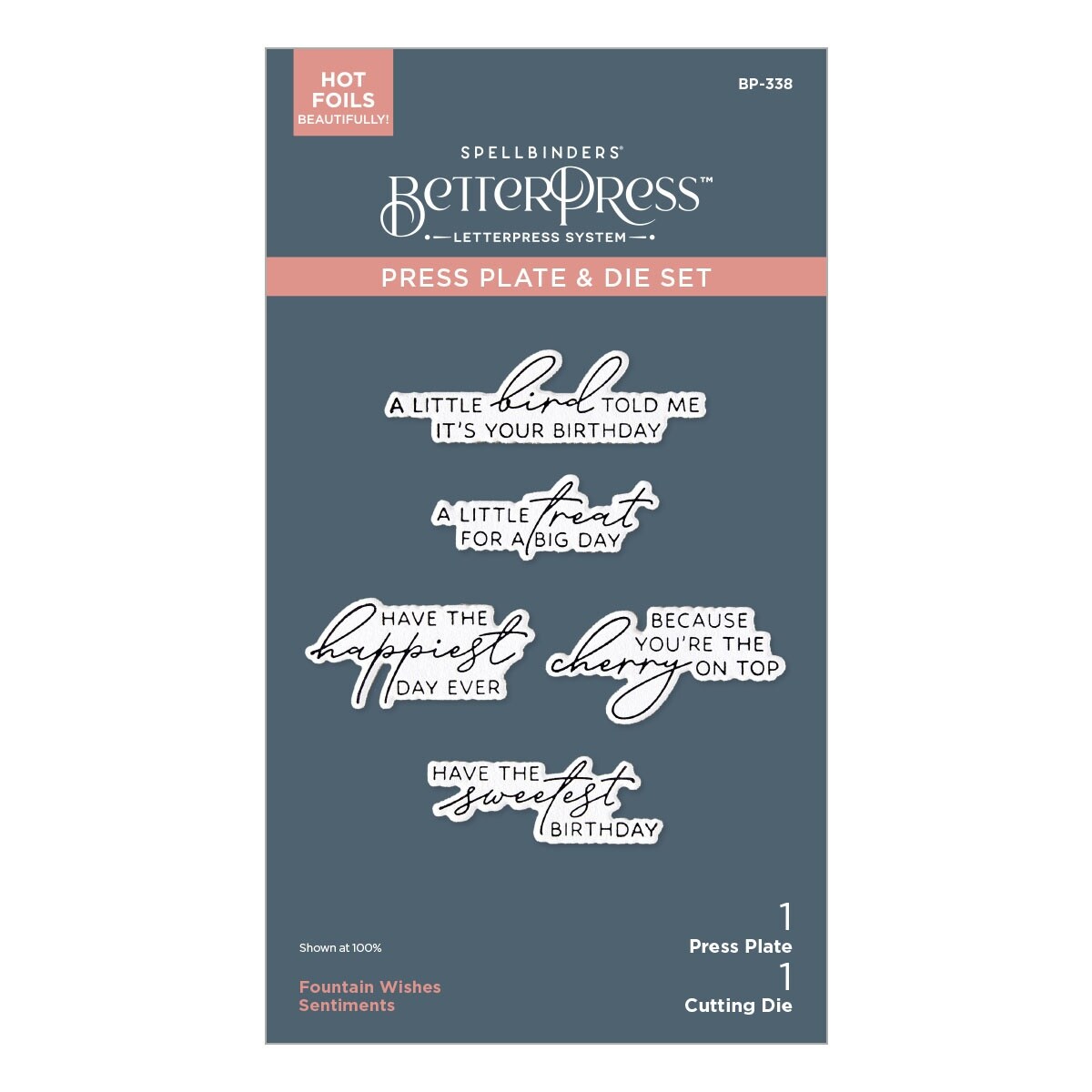 Spellbinders BetterPress Plate & Die Set-Happier Hour, Fountain Wishes Sentiments