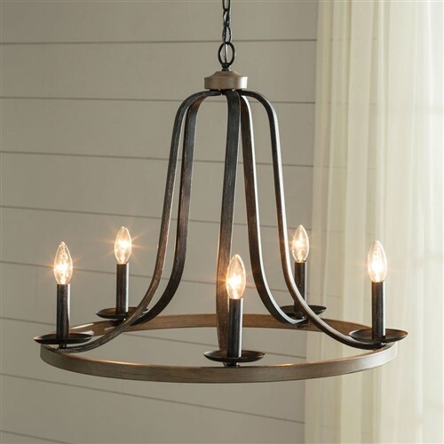Oak Metal 5-Light Farmhouse Circle Chandelier Dimmable Rustic Lighting Fixture