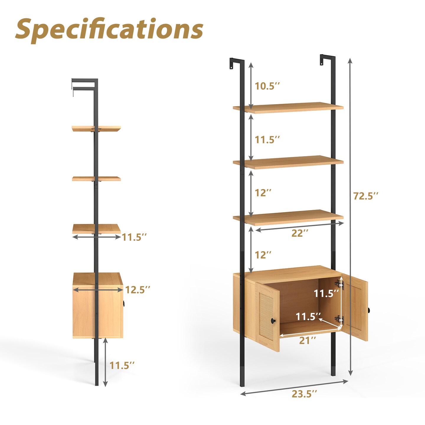 Ladder Shelf 5-Tier Bookcase with Rattan Cabinet and Metal Frame
