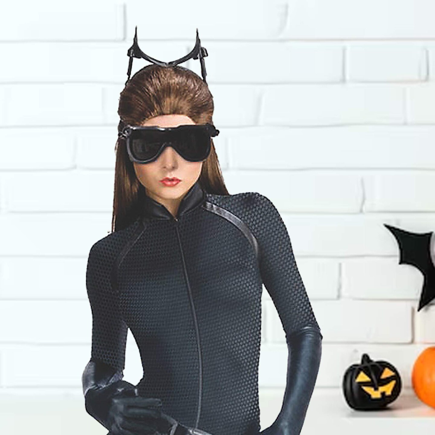 Womens Catwoman Costume Sexy Polyester Jumpsuit With Molded Mask And Belt