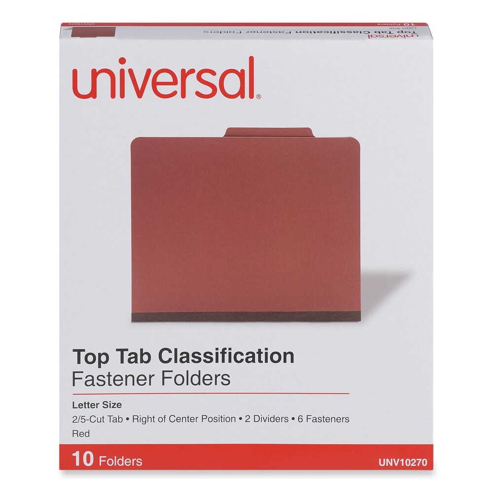Universal 6-Section 2-Divider Pressboard Classification Folders - Letter, Red (10/Box)