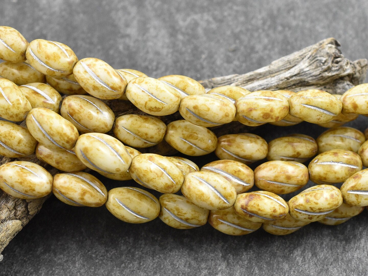 *16* 8x11mm Silver Washed Alabaster Picasso Coffee Bean Oval Beads