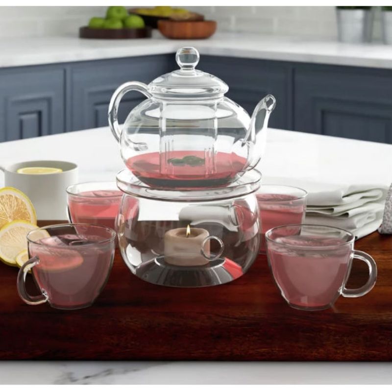 6-Piece Glass Tea Pot Set with Infuser Warmer and 4 Cups for Hot Tea and Kung Fu Ceremonies